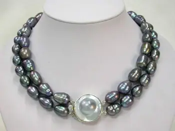 

Hot sale Free Shipping>>>>2 Rows natural 9-10mm tahitian black pearl necklace 17"-18"