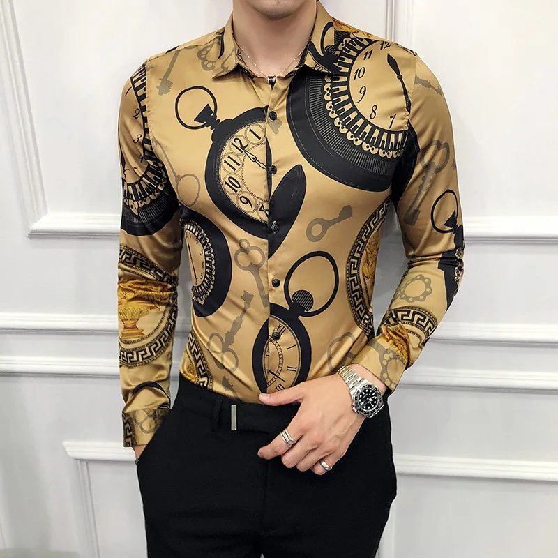 Turn-down Collar Clock Print Shirt British Slim Long Sleeve Fashion Black Golden Casual