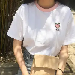 2018 новый институт ветер Симпатичные Фрукты вышивка футболка с короткими рукавами Для женщин летние Повседневное шею лоскутные Футболки