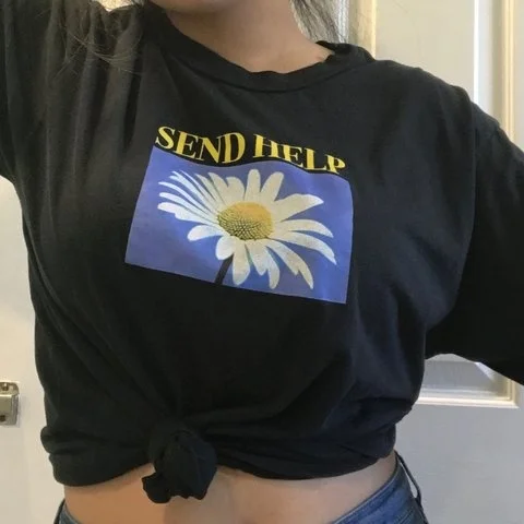 

hahayule-XSX Send Help Yellow Letter Casual Vintage Daisy Pattern Unif Send Help Letter Tee Cotton Red White Black Loose Tshirt