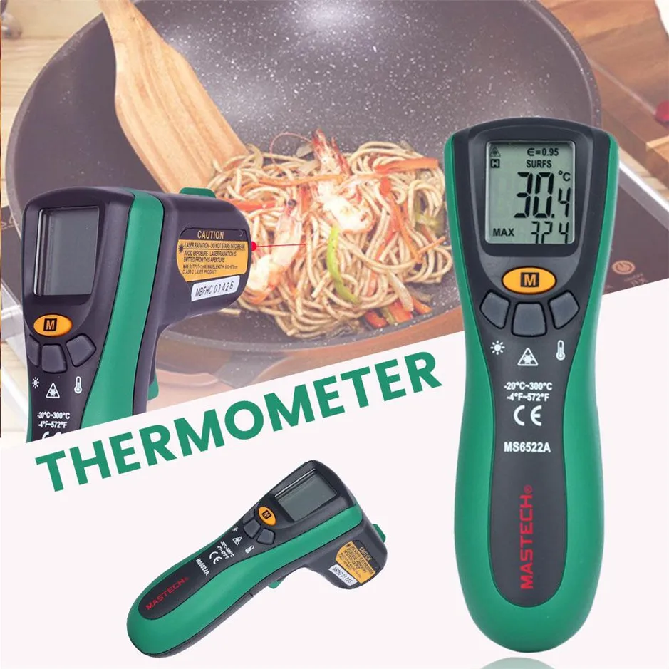 

MASTECH MS6522A Digital Temperature Meter Tester Laser Pointer Range -20 ~ 300C(-4 ~ 572F) Non-contact Infrared IR Thermometer