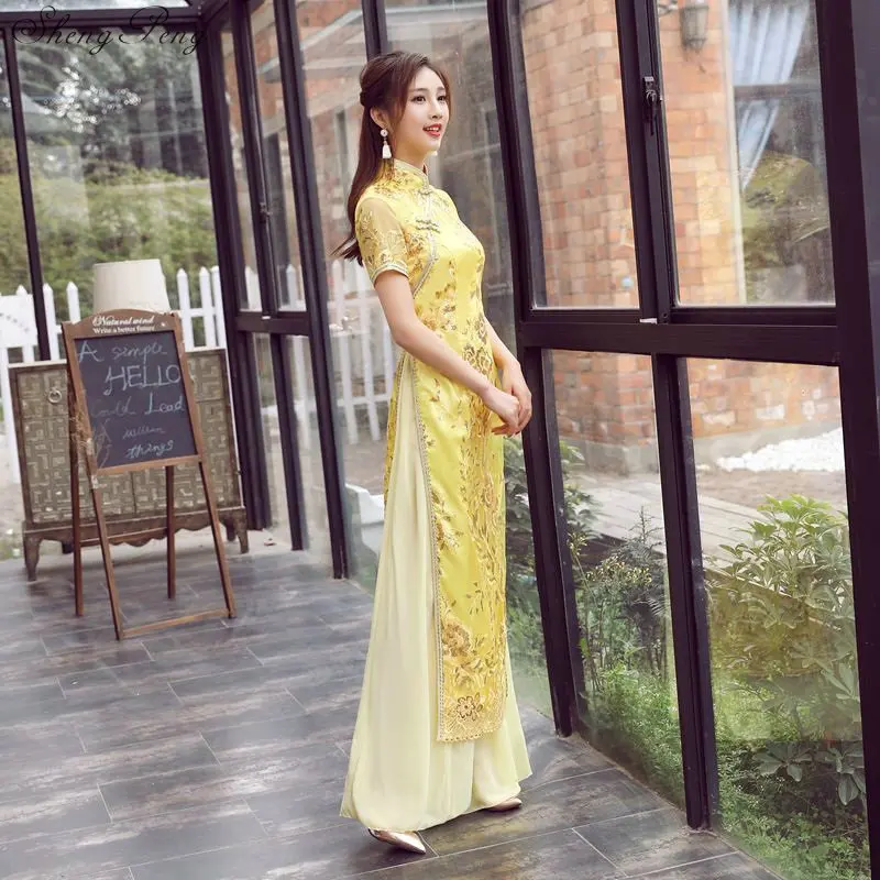 Вьетнам Aodai тонкие длинные Qipao Китайский Стиль Для женщин простое платье новые женские воротник-стойка Новинка Cheongsam V929