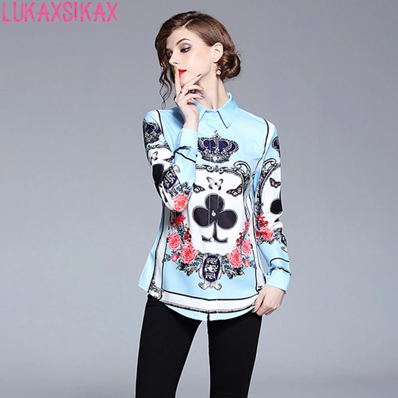 

LUKAXSIKAX 2018 New Women Long Sleeve Shirt Retro Baroque Court Style Print Runway Shirt Spring Autumn Casual Women Tops