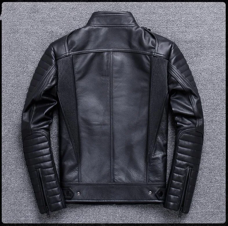 Black Men Stand Collar Motorcycle Leather Jacket Plus Size XXXL Genuine Cowhide Slim Fit Short Biker's Coat FREE SHIPPING