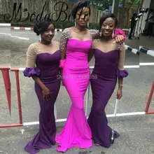 2017 Vintage Long Purple Bridesmaid Dresses With Sleeves Beaded Pearls Mermaid Black Girl Prom Dress Fushia Vestidos Festa Longo