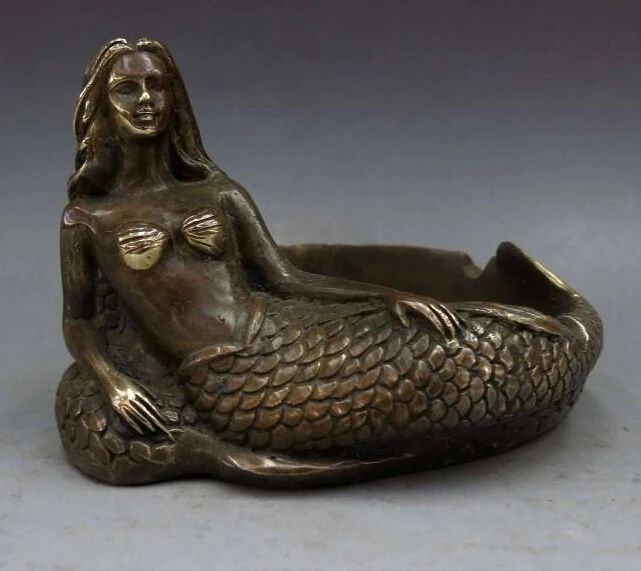 

China brass copper fine Beautiful Mermaid Sculpture Ashtray Statue