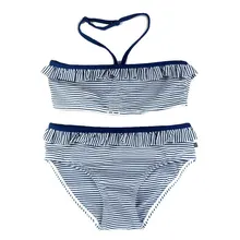 Носки в полоску для девочек раздельное бикини купальник, на бретелях Купальники с ремнями на шнуровке для девочек пляжные купальники детский ванный комплект для От 8 до 16 лет
