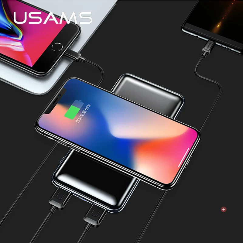 

USAMS 5V 2A PB2 Type C Micro&2 USB Ports 10000mah Power Bank Qi Wireless Charger LED Display Powerbank Wireless External Battery