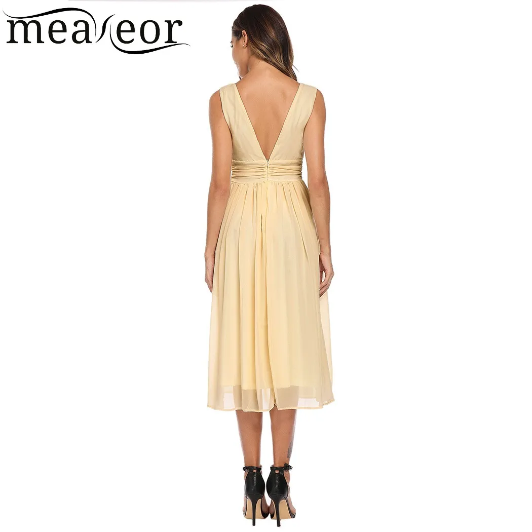 Meaneor Keyhole Backless Ruched Waist Chiffon Pleated Dress Women O-Neck Sleeveless Party Dress Sexy Summer Girl Dress Vestidos Dresses
