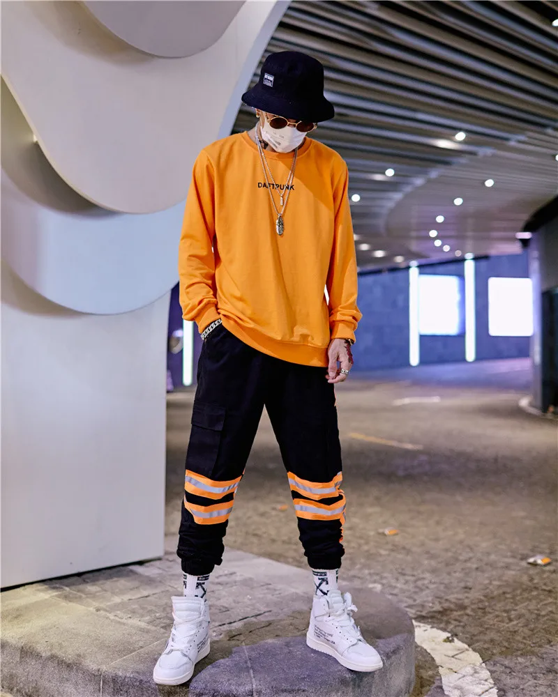 Темно значок 3 м оранжевый в полоску Цвет Контраст штаны-карго для мужчин эластичный пояс твил материал боковые карманы мужчин's брюки для