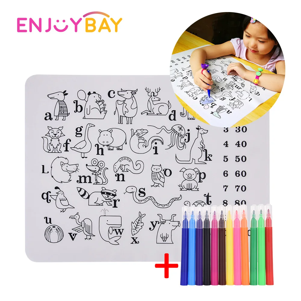 

Kids Waterproof Silicone Dinnerware Tableware Baby Washable Coloring Placemat Reusable Cartoon Graffiti Mat & Pen Gifts for Kids