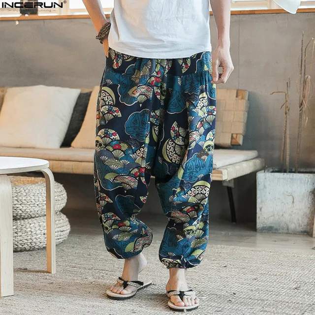 2018 Ethnic Retro Men Cross-Pants Wide Leg Linen Harem Pants Men Elastic Waist Loose HipHop Crotch Pants Man Joggers Trousers