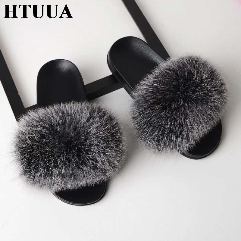 Сланцы HTUUA женские из натурального Лисьего меха пушистые меховые шлепанцы