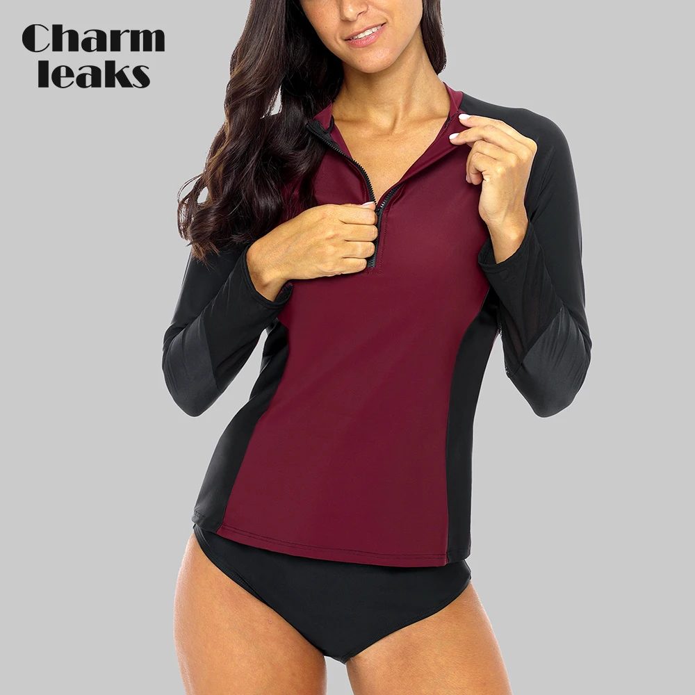 Charmleaks النساء طويلة الأكمام الجبهة زيبر Rashguard قميص ملابس السباحة خليط ملابس السباحة تصفح أعلى المشي قميص طفح الحرس UPF50 +