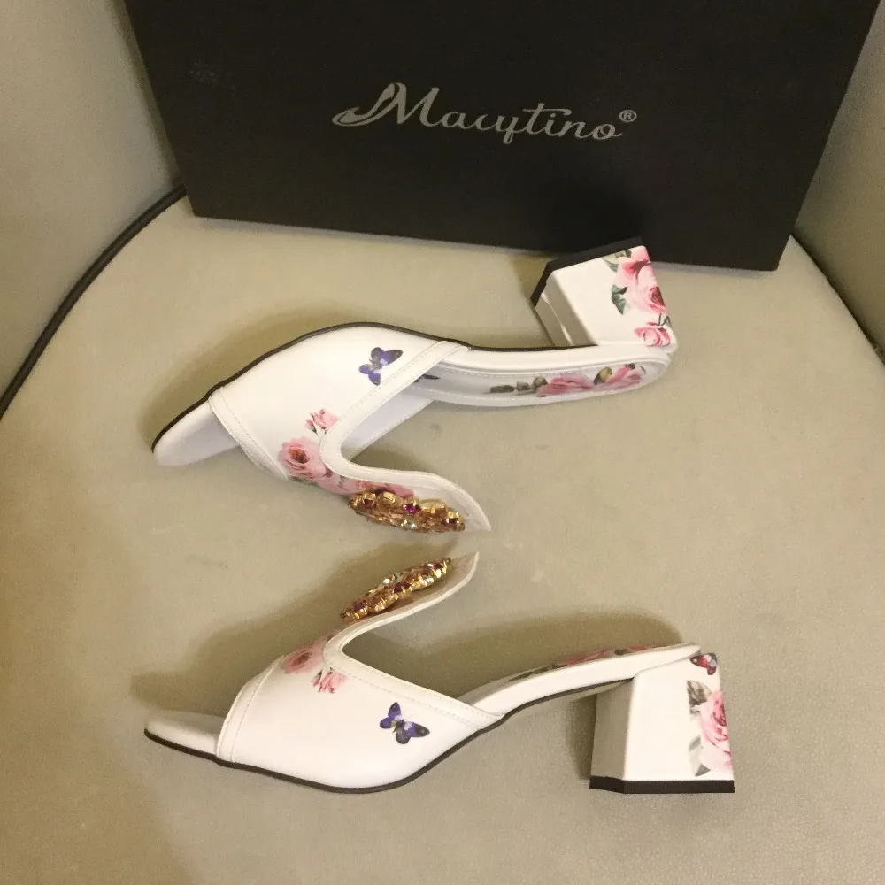 Newest Flower Printed Chunky Sandals Deep Toe Crystal High Heel Slipper Hot Sell Women Shoes Summer