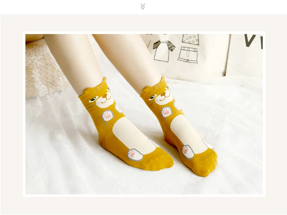 Funny Cute Cat Cartoon Women Socks Autumn Winter Lady's Sock korean Fashion Candy Color Creative Warm socks White Yellow Gray (3)