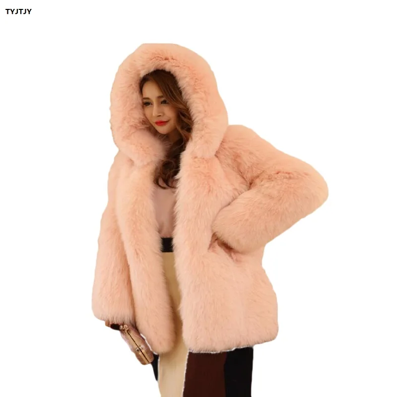 fashion 2018 high-quality Fur coat artificial fur in the long section of the thick warm whole skin fox fur fur hood coat coat white artificial fur duster coat