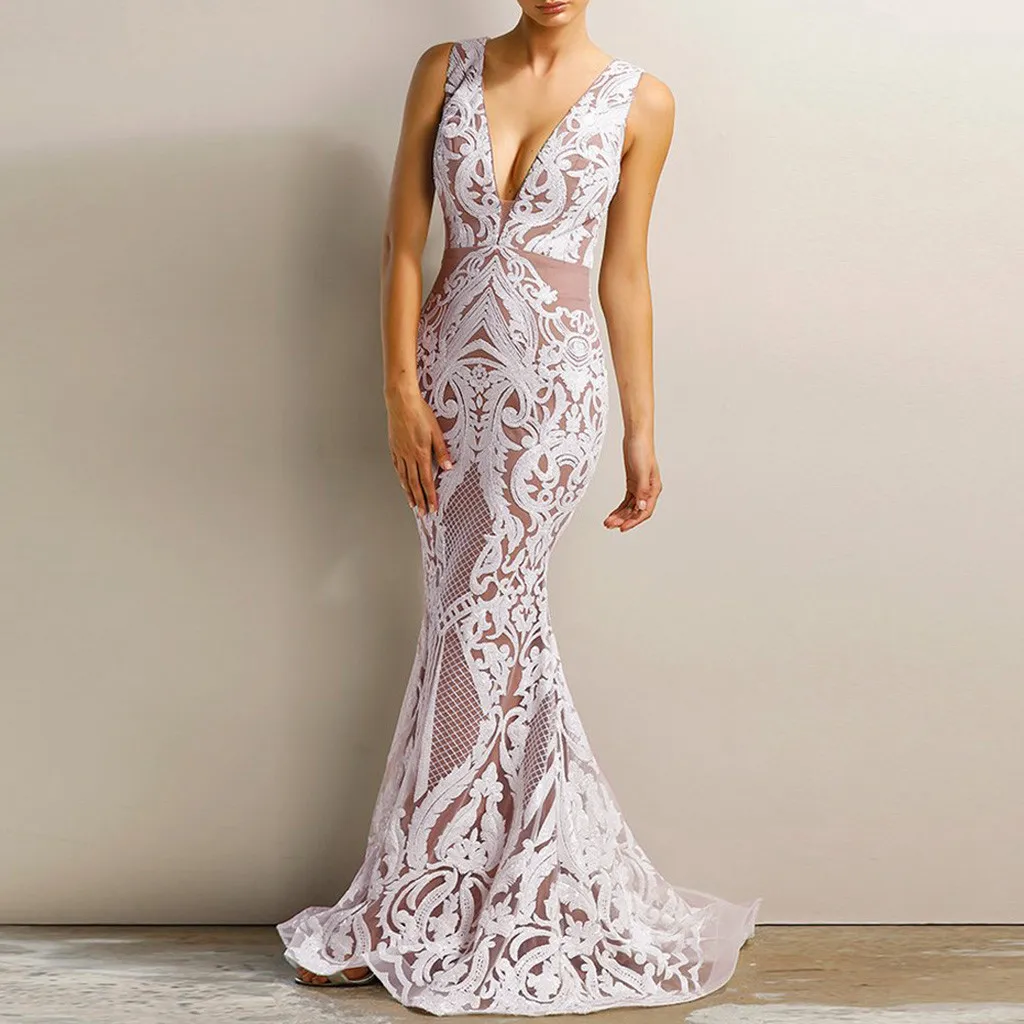 Elegant Dresses Embroidery Lace Women Sexy Deep V- Neck Maxi Dress Sheath Floor Fork Length Dresses Woman Party Night Dresses