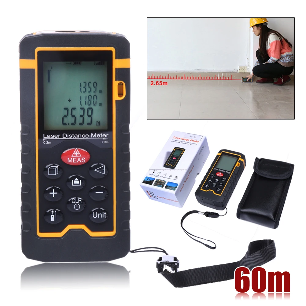 

9Key 60M/197ft/2362in IP54 Laser Distance Meter Range Finder Measure Diastimeter Measure Roulette Tool High Quality Hot Sale
