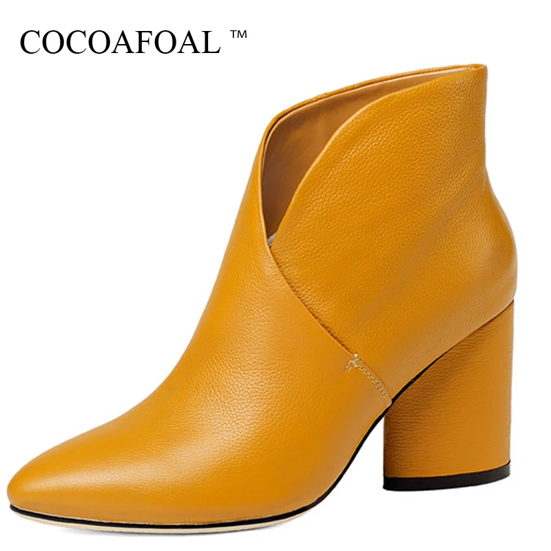 

COCOAFOAL Women's Genuine Leather High Heels Chelsea Boots Black Winter Ankle Boots Plus Size Genuine Leather Woman Gothic Shoes