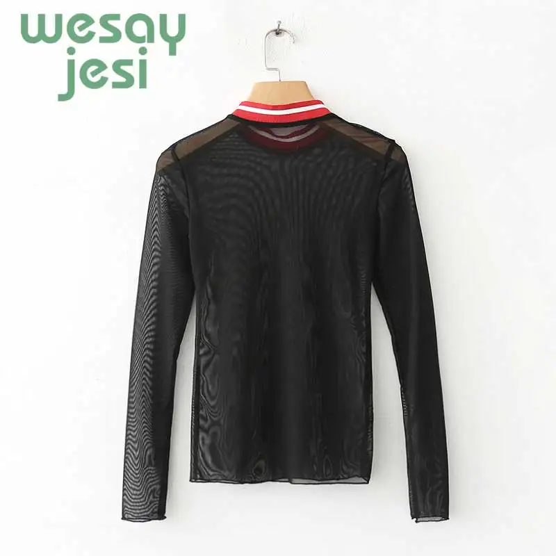 2019 New Sexy Women Shirt See Through Transparent Mesh Tops Long Sleeve Sheer Slim Ladies Turtleneck Shirt tops