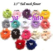 Беспорядок Тюль Цветы для повязки на голову, тюль сетка цветок wtih rhinstone и жемчуг 60 шт./партия 17 цветов, аксессуары для волос