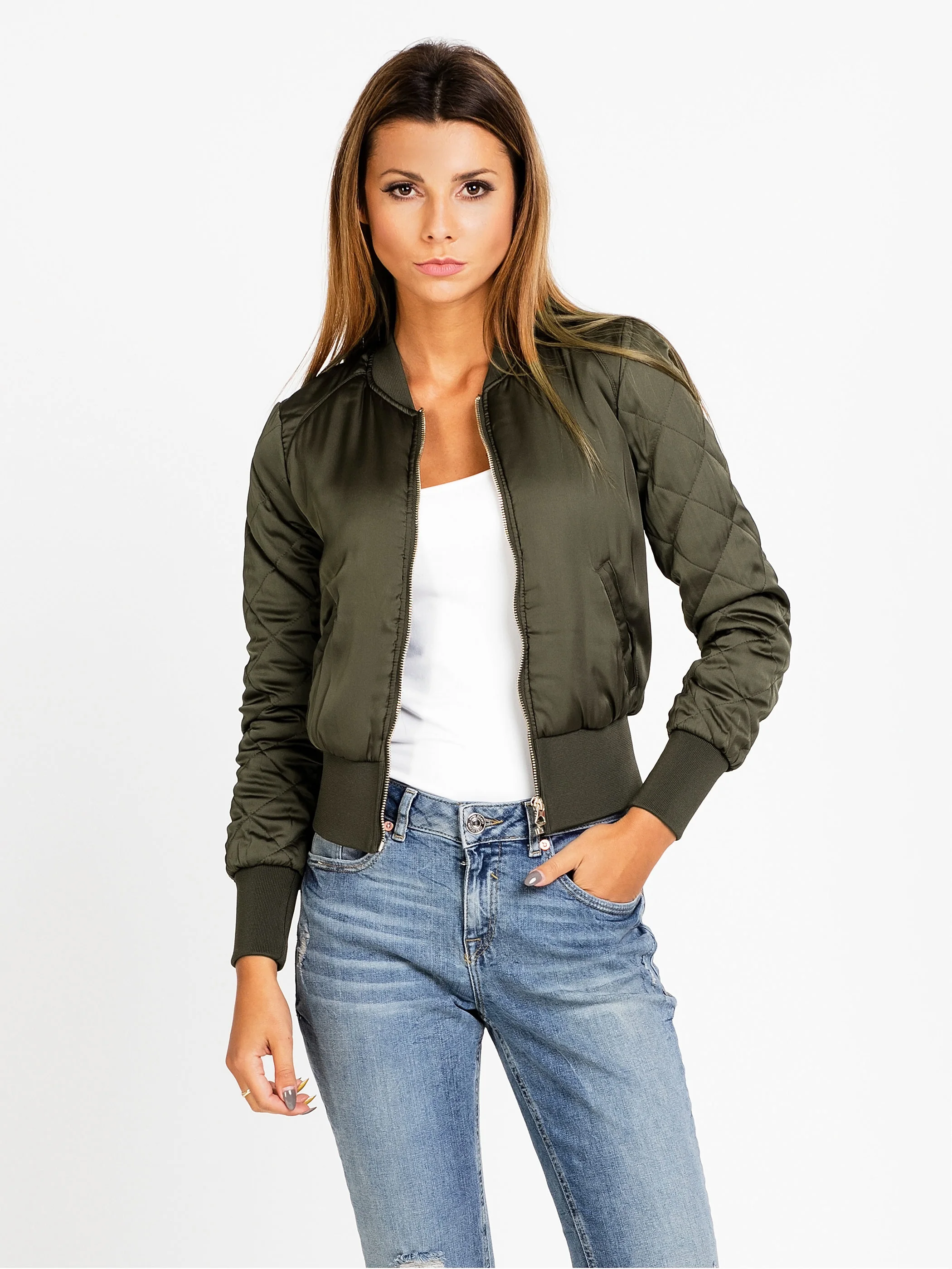 Basic army green bomber jacket coat women 2018 spring Satin pocket ...