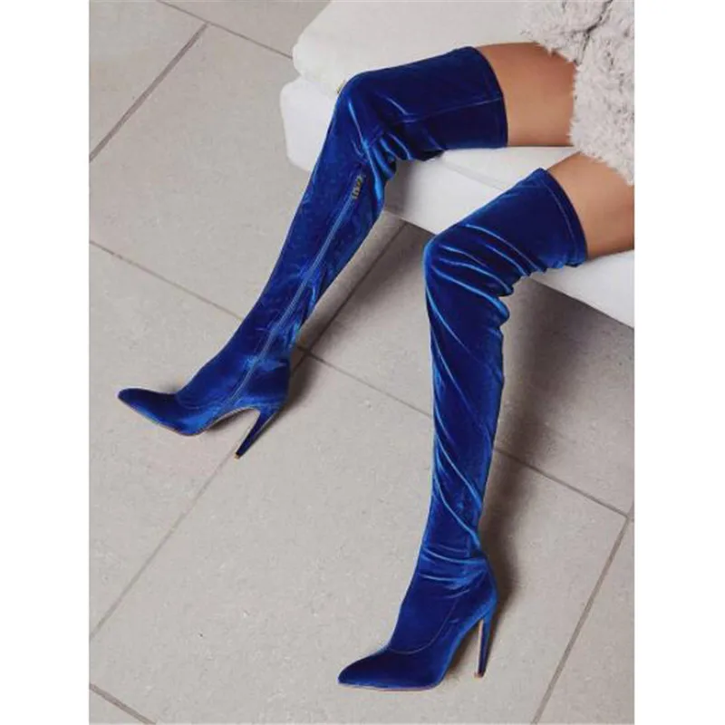 Stilettos Mode Royal Red Stiefel Oberschenkel green Gladiator wine Spitz Party Frauen Wildleder Über Knie Blau Zipper Blue Hohe Kleid Seite Schuhe rqxqI7H
