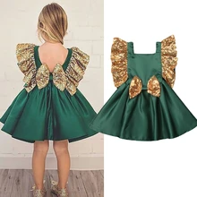 Рождественское детское платье для новорожденных девочек с блестками и бантом платье-пачка до колена с рукавами-оборками платье принцессы для свадебной вечеринки