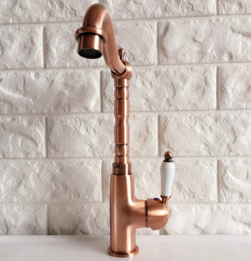 Antique Red Copper Brass Bathroom Kitchen Basin Sink Faucet Mixer Tap Swivel Spout Single Handle One Hole Deck Mounted mnf414