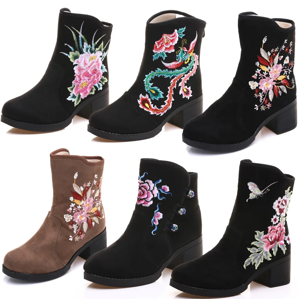 

Newest Winter Ankle Boots Women Thick High Heels 6CM Chelsea Ladies Botas Embroider Flower Round Toe Zapatillas Botas Mujer