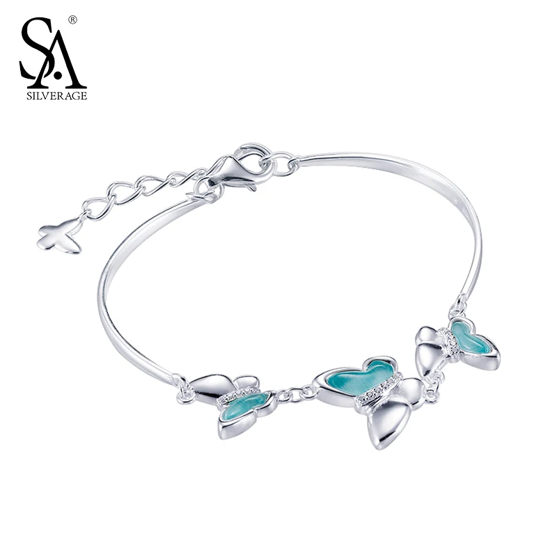 

SA SILVERAGE 925 Sterling Silver Bangle For Women Blue Stone Butterfly Charm Bracelet Femme Real Silver Jewelry 2018 Party Gift