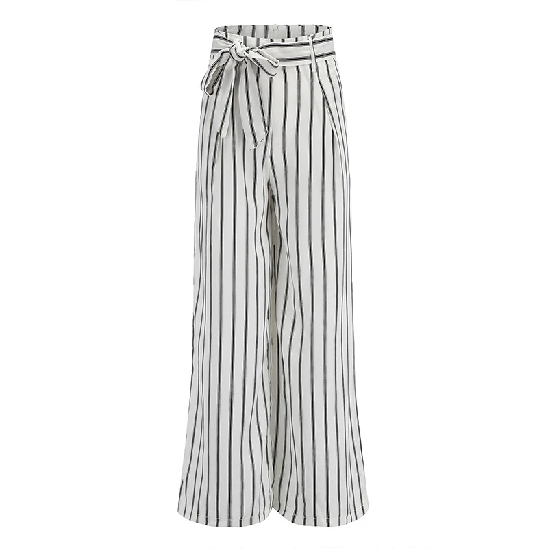 YELL ROLAN Summer Women Casual Loose Wide Leg Pants 2018 New Striped Trousers Office Lady Work Pants Beach Party Belt Pantaloon Pants
