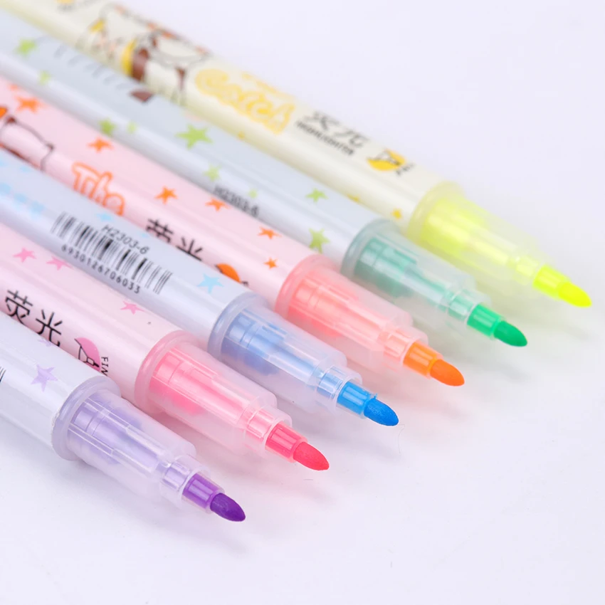 

6PCS Double Head Highlighters Art Highlighter Pens Office Markers Watercolor Fluorescent Pen Drawing