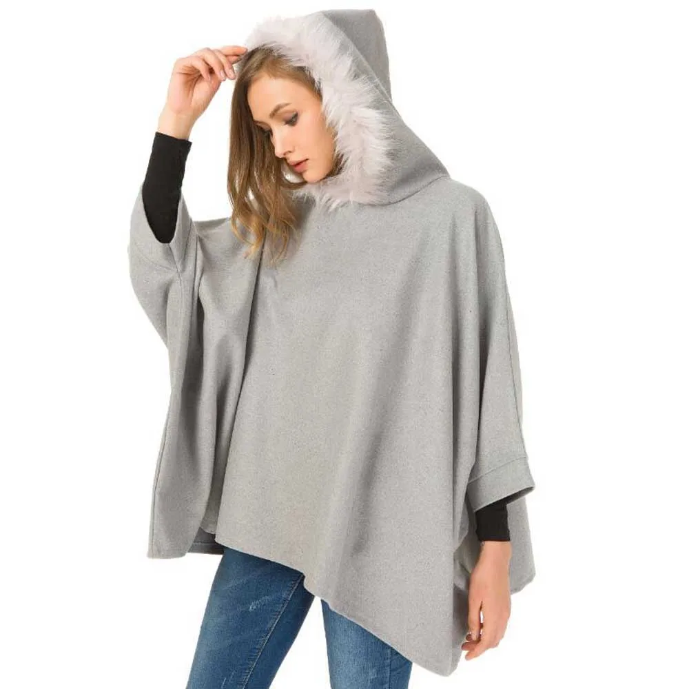 

Women's Winter Thicken Shawl Coat Warm Faux Woolen Hoodie Cloak Hooded With Faux Fur Batwing Loose Sleeve Cape Outerwear Tops