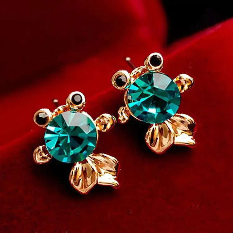 New Hot Fashion Fine Jewelry Gold Color Cute Sweet Crystal Green Lifelike Small Goldfish Stud Earrings For Women | Украшения и