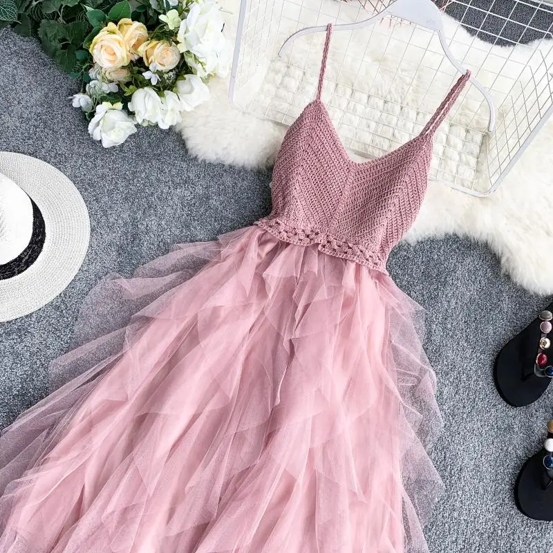 

Summer Women Dresses 2019 Casual Sexy Ladies Knit V-neck Backless Dress Spaghetti Strap Irregular Mesh Cake Dress Female