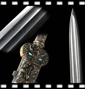 

Top Quallty Metal Handle/Ebony Wood Saya/Full Tang Folded Pattern Steel Double edge Sharp Chinese Kungfu Sword Boutique Han Jian