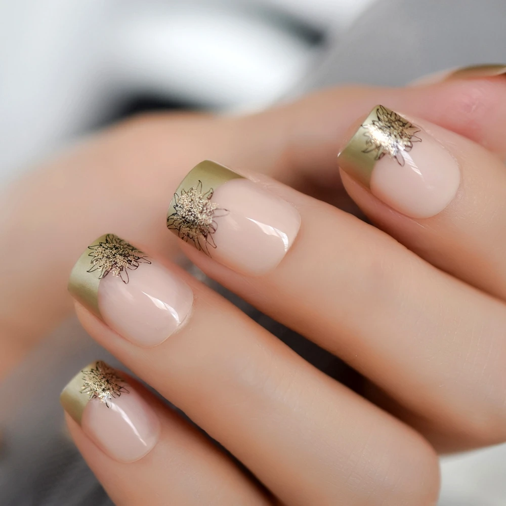 Узор французские ногти обнаженные квадратные короткие ногти золотой цветок текстура ногтей современный УФ гель акриловые наконечники