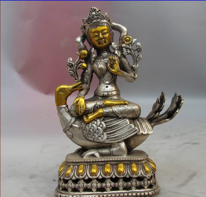 

Tibet Buddhism White Copper Silver Fane Duck Kwan-yin Guanyin Bodhisattva Statue