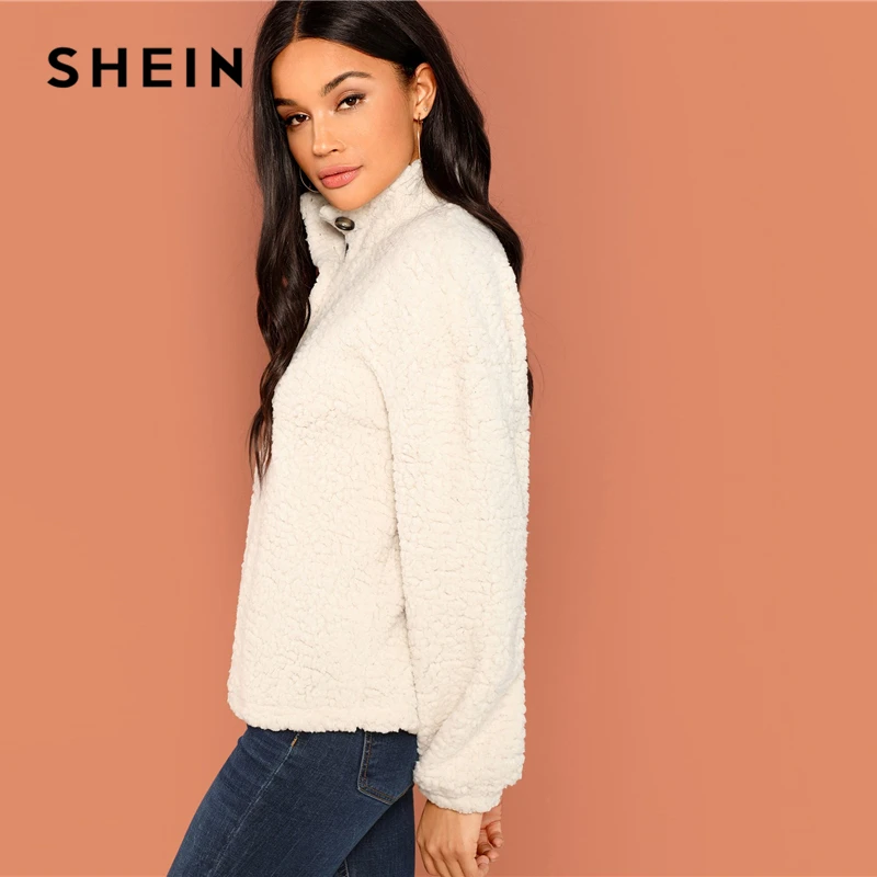 SHEIN White Casual Solid Button Front Half Placket Teddy High Neck Sweatshirt 2018 Autumn Going Out