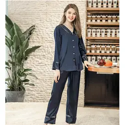 2018 Новый Для женщин Сплошной комплект одежды для сна с длинным рукавом Летние пижамы искусственная атласные шелковые Домашняя одежда с