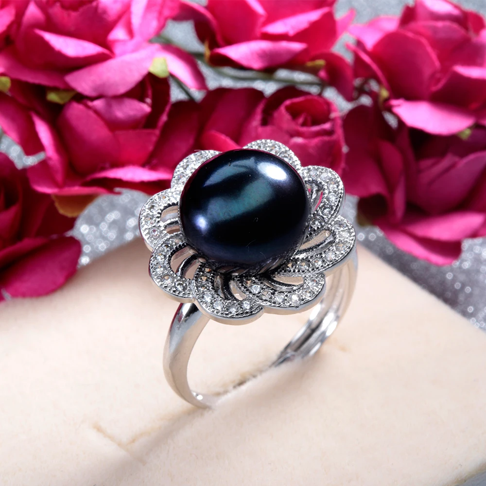 Распродажа! Большие черные кольца с натуральным пресноводным жемчугом для женщин, роскошные серебряные циркониевые свадебные украшения, регулируемое кольцо с цветком