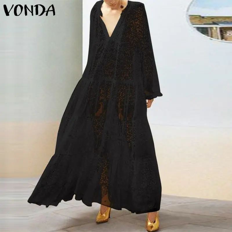 

VONDA Lace Dress Women Sexy V Neck Hollow Out Beach Summer Dress Bohemian Transparent Vestido Casual Party Robe Femme Plus Size