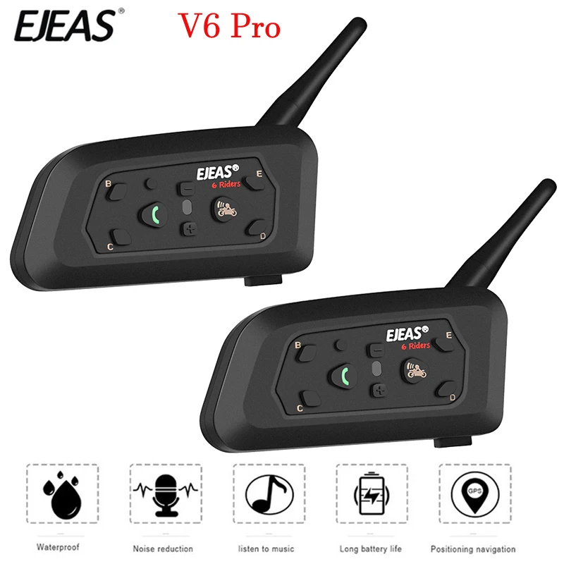 

2pcs EJEAS V6 PRO Bluetooth Motorcycle Intercom Helmet Headset 6 Riders 850mAh Metal Splint 1200m Communicator Interphone