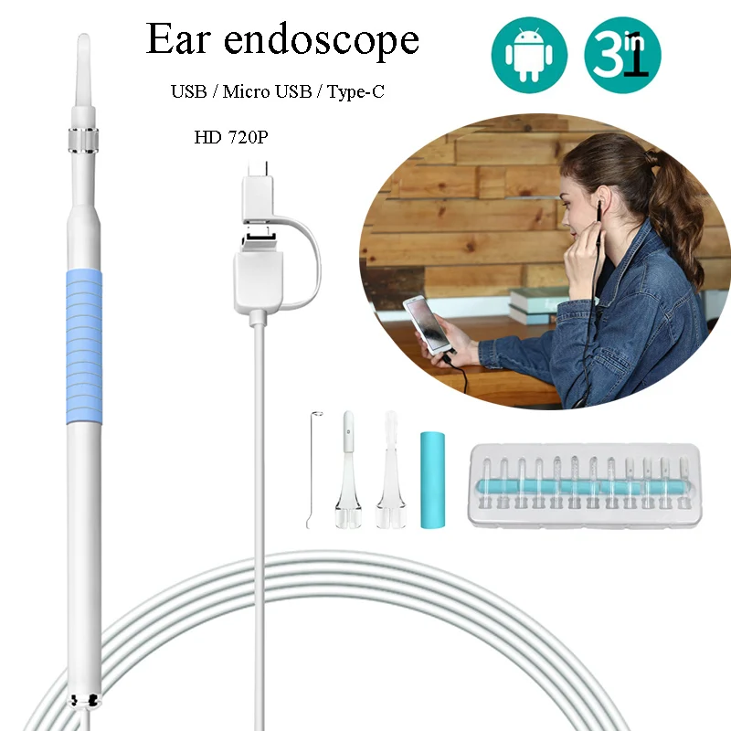 

LETIKE Ear Cleaning Endoscope 3 in 1 Borescope 720P Inspection Earwax Remover Cleaner Otoscope Visual Earpick for OTG/Type-C/PC