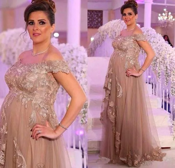 

Off the Shoulder vestido de madrinha Mother of Bride Dresses Lace Applique Pregnant woman Formal Party Weddings Evening Gowns