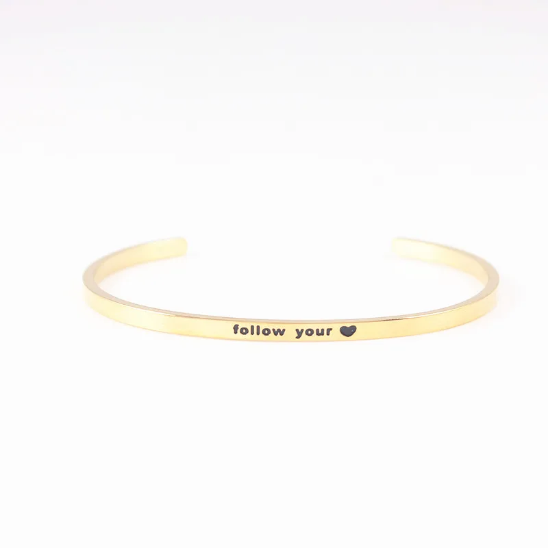 

Follow your heart Stainless Steel Bar Engraved Positive Inspirational Quote Cuff Mantra Bracelet Bangle For Women