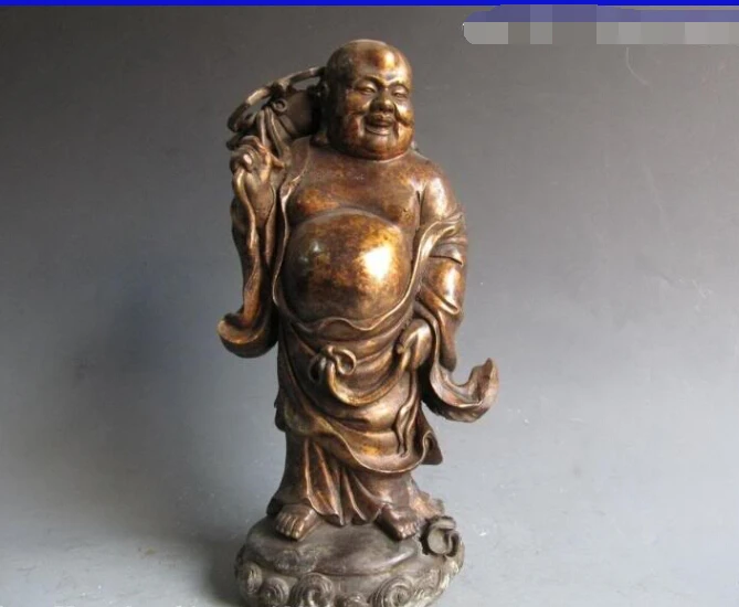 

12" Chinese Old Copper Bronze Lucky Happy Carved bat Buddha Statue
