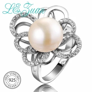 

L&zuan S925 Silver White Cultured Freshwater Diameter 9~10mm Pearl Trendy Ring Jewelry Christmas Gift